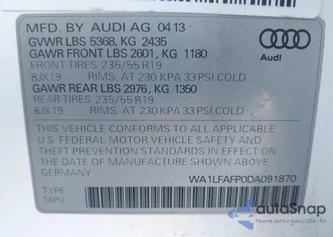 2013 Audi Q5 2.0T Premium из США, поврежденный, VIN WA1LFAFP0DA091870